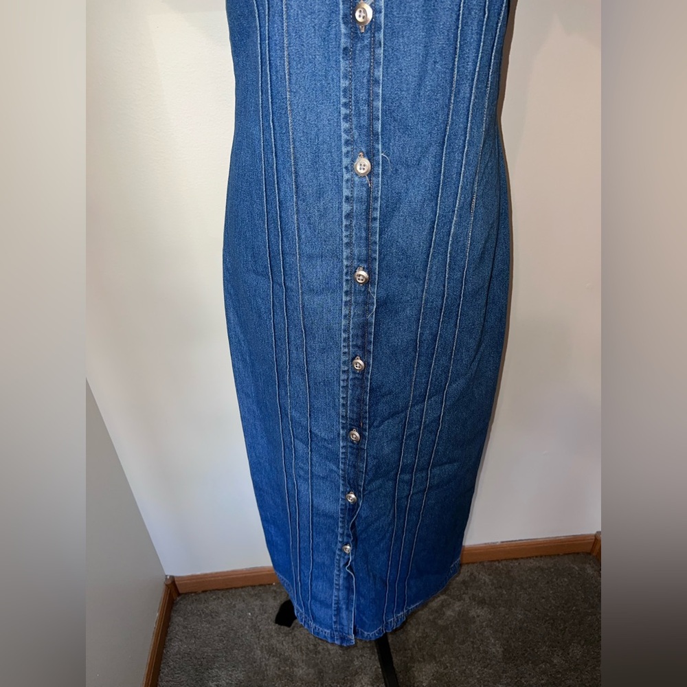 Expressions 90s Vintage Denim Button Front Midi Dress Small 100% Cotton Collared - Picture 4 of 11